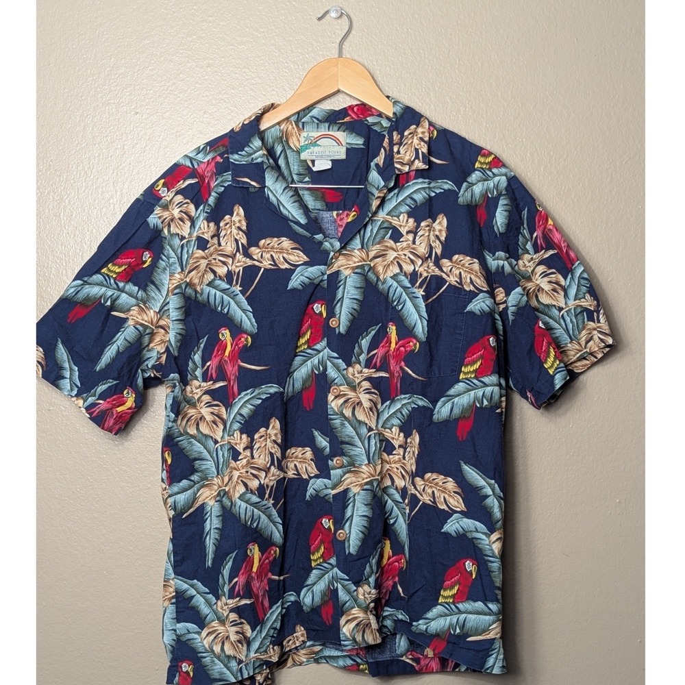 Paradise Found Button Down Men‎ Large Navy Blue Macaw Vintage Hawaiian Shirt